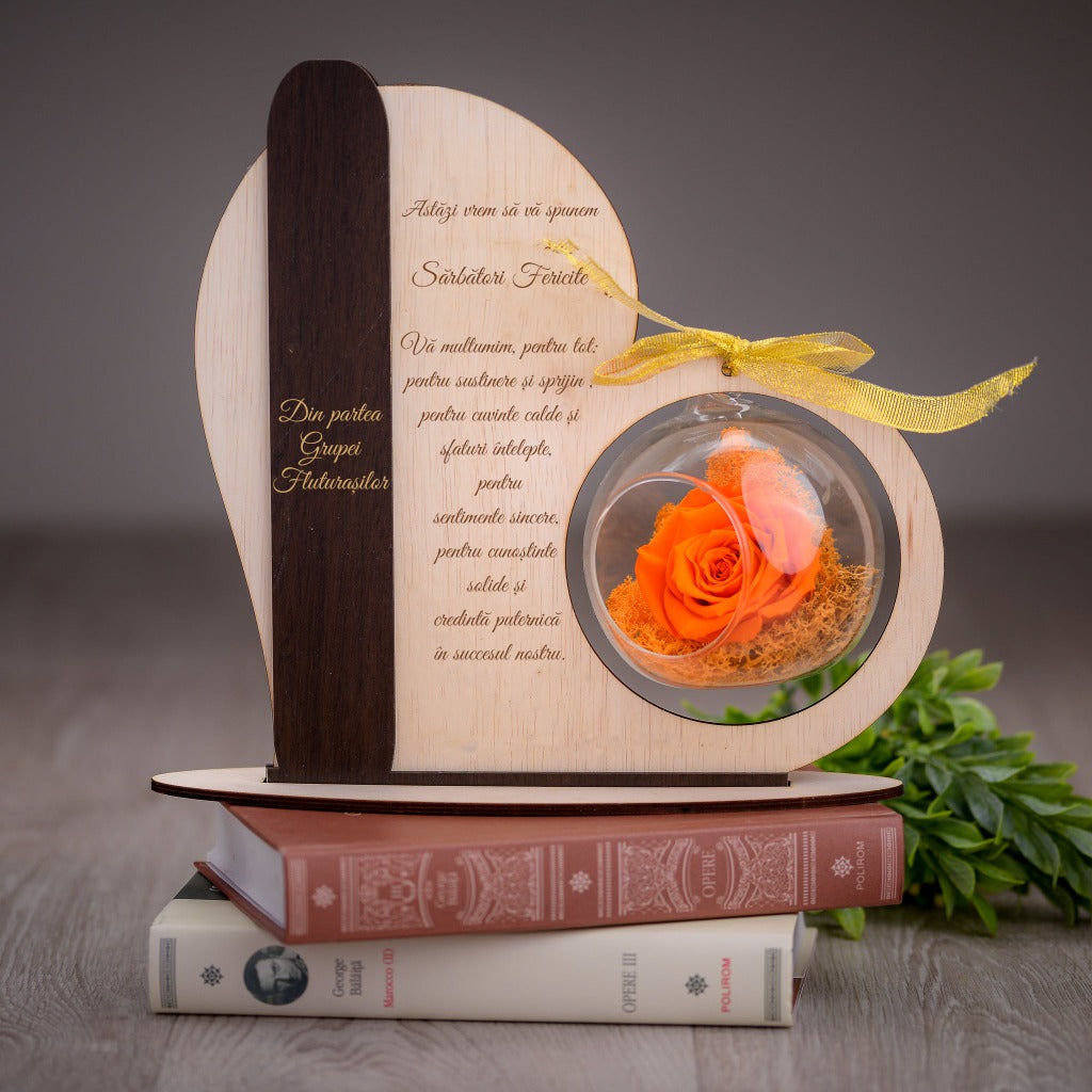 Cadou pentru profesori - Placheta din lemn  cu trandafir criogenat - Cadouri Originale